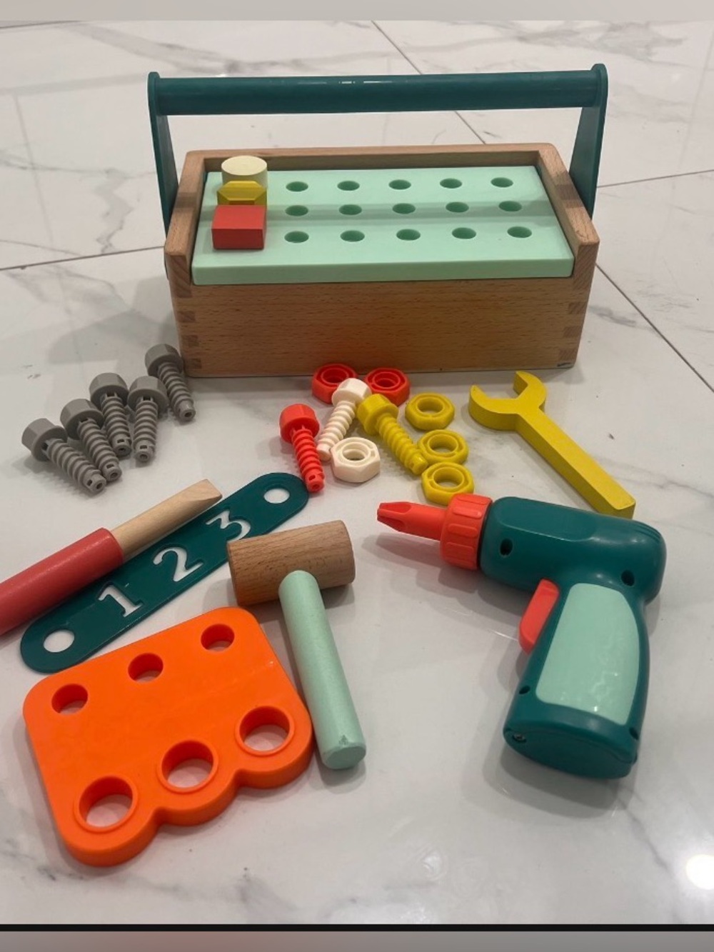 Play Set with Drill, Hammer, Screwdriver Wooden Kids Tool Set Toy - Teal, Orange